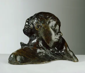 Porträt einer Frau, ihr Kopf gestützt von ihrer linken Hand